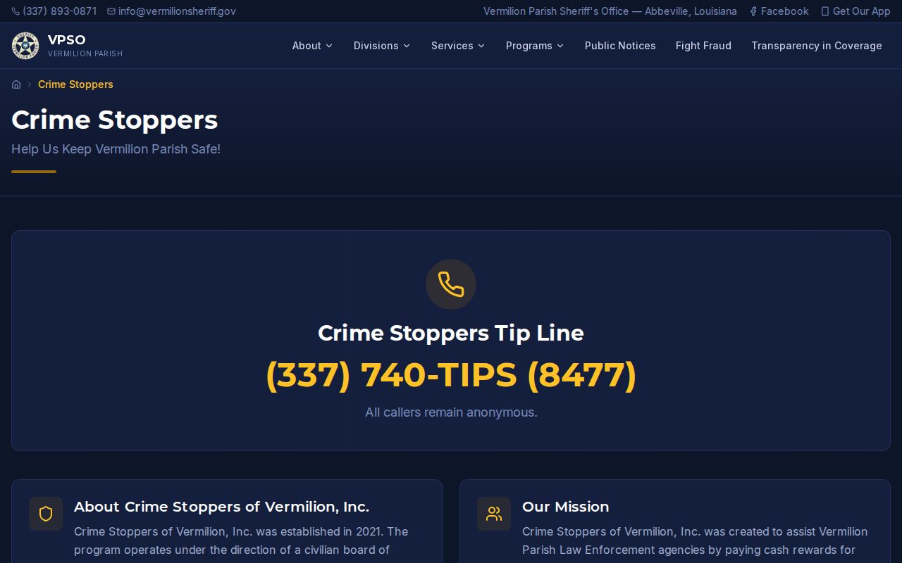 Vermilion Parish Crime Stoppers wanted-tip record source