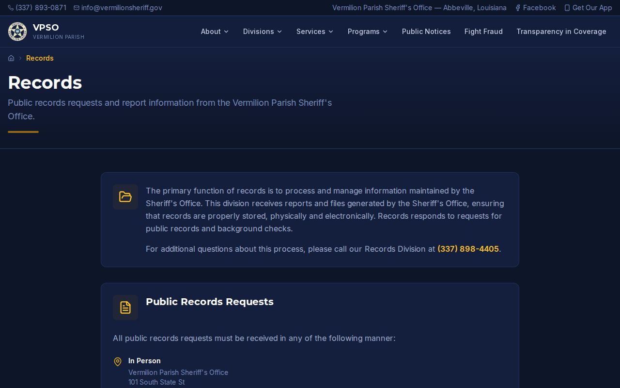 Vermilion Parish booking-record request channels on the VPSO Records page